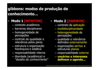 gibbons: modos de produção de
conhecimento…
• Modo 1 [NEWTON]                 • Modo 2 [DARWIN]
  – contexto acadêmico                    – contexto da aplicação
  – barreiras disciplinares               – multidisciplinaridade
  – homogeneidade de                      – heterogeneidade de
    percepções                              percepções
  – controle de qualidade e               – qualidade e relevância
    relevância pelos pares                  definidos externamente
  – estrutura e organização               – organizações ad-hoc e
    hierárquica e estática                  estruturas planas
  – responsabilidade interna              – responsabilidade externa
  – liberdade (acadêmica) e               – usuários e interesses
    “desafio do conhecimento”               definem a agenda...
                           http://www.intermedia.uio.no/konferanser/skikt-02/skikt-research-conferance.html
 