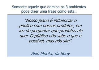 Somente aquele que domina os 3 ambientes
    pode dizer uma frase como esta..

      “Nosso plano é influenciar o
   público com nossos produtos, em
   vez de perguntar que produtos ele
    quer. O público não sabe o que é
                    V

         possível, mas nós sim”.

          Akio Morita, da Sony
 