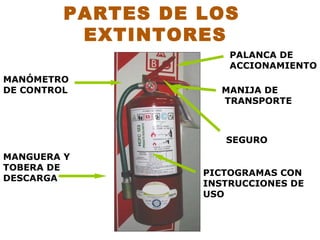PARTES DE LOS  EXTINTORES PALANCA DE ACCIONAMIENTO MANIJA DE TRANSPORTE MANÓMETRO  DE CONTROL MANGUERA Y TOBERA DE  DESCARGA MANIJA DE TRANSPORTE SEGURO PICTOGRAMAS CON INSTRUCCIONES DE USO 