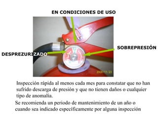 Inspección rápida al menos cada mes para constatar que no han sufrido descarga de presión y que no tienen daños o cualquier tipo de anomalía.  Se recomienda un periodo de mantenimiento de un año o cuando sea indicado específicamente por alguna inspección SOBREPRESIÓN EN CONDICIONES DE USO DESPREZURI ZADO 