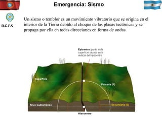 Emergencia: Sismo Un sismo o temblor es un movimiento vibratorio que se origina en el interior de la Tierra  debido al choque de las placas tectónicas  y se propaga por ella en todas direcciones en forma de ondas.  D.G.E.S 