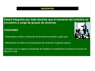 DOCENTES Estará Integrado por todo docente que al momento del siniestro se encuentre a cargo de  grupos de alumnos . FUNCIONES - Dispondrá n  el retiro y formación de los alumnos frente a cada aula. - Mantendrá n  el orden en la evacuación de modo de no generar pánico. Contará n  con un registro actualizado de asistencia controlando la misma en el punto de Reunión Final. 