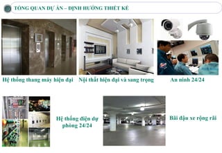 TỔNG QUAN DỰ ÁN – ĐỊNH HƯỚNG THIẾT KẾ




Hệ thống thang máy hiện đại Nội thất hiện đại và sang trọng   An ninh 24/24




                    Hệ thống điện dự                          Bãi đậu xe rộng rãi
                      phòng 24/24
 