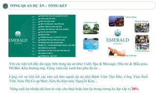 TỔNG QUAN DỰ ÁN – TỔNG KẾT




Với các tiện ích đầy đủ ngay bên trong dự án như: Café, Spa & Massage, Nhà trẻ & Mẫu giáo,
Hồ Bơi, Khu thương mại, Công viên cây xanh bao phủ dự án…

Cùng với sự liên kết các tiện ích bên ngoài dự án như Bệnh Viện Thủ Đức, Công Viên Suối
Tiên, Siêu Thị Co.op Mart, Siêu thị điện máy Nguyễn Kim…

Năng suất lợi nhuận dài hạn từ việc cho thuê hoặc bán lại trong tương lai đạt xấp xỉ 20%
 