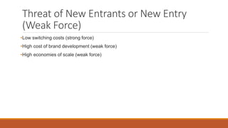 Threat of New Entrants or New Entry
(Weak Force)
•Low switching costs (strong force)
•High cost of brand development (weak force)
•High economies of scale (weak force)
 
