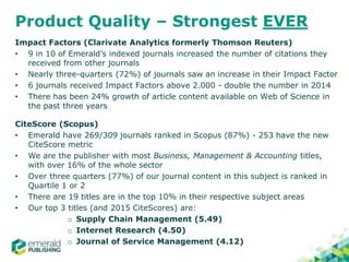 Product Quality – Strongest EVER
Impact Factors (Clarivate Analytics formerly Thomson Reuters)
• 9 in 10 of Emerald’s indexed journals increased the number of citations they
received from other journals
• Nearly three-quarters (72%) of journals saw an increase in their Impact Factor
• 6 journals received Impact Factors above 2.000 - double the number in 2014
• There has been 24% growth of article content available on Web of Science in
the past three years
CiteScore (Scopus)
• Emerald have 269/309 journals ranked in Scopus (87%) - 253 have the new
CiteScore metric
• We are the publisher with most Business, Management & Accounting titles,
with over 16% of the whole sector
• Over three quarters (77%) of our journal content in this subject is ranked in
Quartile 1 or 2
• There are 19 titles are in the top 10% in their respective subject areas
• Our top 3 titles (and 2015 CiteScores) are:
o Supply Chain Management (5.49)
o Internet Research (4.50)
o Journal of Service Management (4.12)
•
 