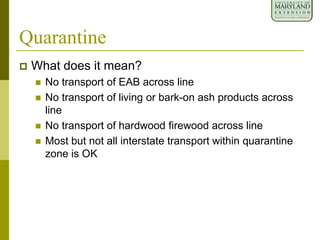Quarantine
 What does it mean?
 No transport of EAB across line
 No transport of living or bark-on ash products across
line
 No transport of hardwood firewood across line
 Most but not all interstate transport within quarantine
zone is OK
 