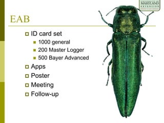 EAB
 ID card set
 1000 general
 200 Master Logger
 500 Bayer Advanced
 Apps
 Poster
 Meeting
 Follow-up
 