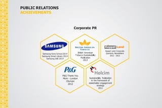 PUBLIC RELATIONS 
ACHIEVEMENTS 
Corporate PR 
British American 
Tobacco Sustainability 
Publication 
2013 
Keppel Land Corporate 
Quarterly Newsletters 
2012 - 2013 
P&G Thank You 
Mom - London 
Olympic 
2012 
Sustainability Publication 
in the framework of 
stakeholder engagement 
strategy 
2011 
Samsung Sono School 2014 
Samsung Smart Library 2014 
Samsung SAE 2014 
 