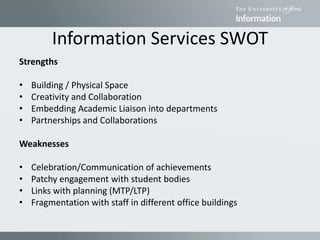 Information Services SWOT
Strengths
• Building / Physical Space
• Creativity and Collaboration
• Embedding Academic Liaison into departments
• Partnerships and Collaborations
Weaknesses
• Celebration/Communication of achievements
• Patchy engagement with student bodies
• Links with planning (MTP/LTP)
• Fragmentation with staff in different office buildings
 