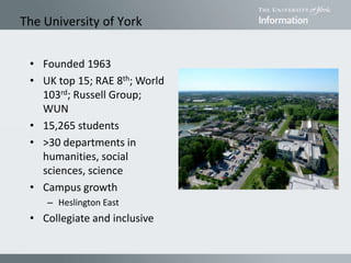 • Founded 1963
• UK top 15; RAE 8th; World
103rd; Russell Group;
WUN
• 15,265 students
• >30 departments in
humanities, social
sciences, science
• Campus growth
– Heslington East
• Collegiate and inclusive
The University of York
 