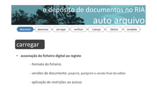 o depósito de documentos no RIA

auto arquivo
carregar
descrever
• associação do ficheiro digital ao registo
- formato do ficheiro
- versões do documento: preprint, postprint e versão final do editor
- aplicação de restrições ao acesso

 