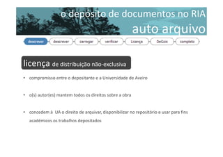 o depósito de documentos no RIA

auto arquivo
descrever
licença de distribuição não-exclusiva
descrever
• compromisso entre o depositante e a Universidade de Aveiro

• o(s) autor(es) mantem todos os direitos sobre a obra

• concedem à UA o direito de arquivar, disponibilizar no repositório e usar para fins
académicos os trabalhos depositados

 