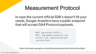 Measurement Protocol
www.analytics-debugger.com
In case the current official SDK’s doesn’t fit your
needs, Google Analytics have a public endpoint
that will accept GA4 Protocol payloads.
https://developers.google.com/analytics/devguides/collection/protocol/ga4
 