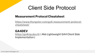 Client Side Protocol
www.analytics-debugger.com
Measurement Protocol Cheatsheet
https://www.thyngster.com/ga4-measurement-protocol-
cheatsheet/
GA4DEV
https://ga4mp.dev/#/ ( 4kb Lightweight GA4 Client Side
Implementation )
 