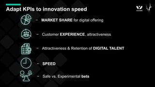Adapt KPIs to innovation speed
− MARKET SHARE for digital offering
− Customer EXPERIENCE, attractiveness
− SPEED
− Safe vs. Experimental bets
− Attractiveness & Retention of DIGITAL TALENT
 