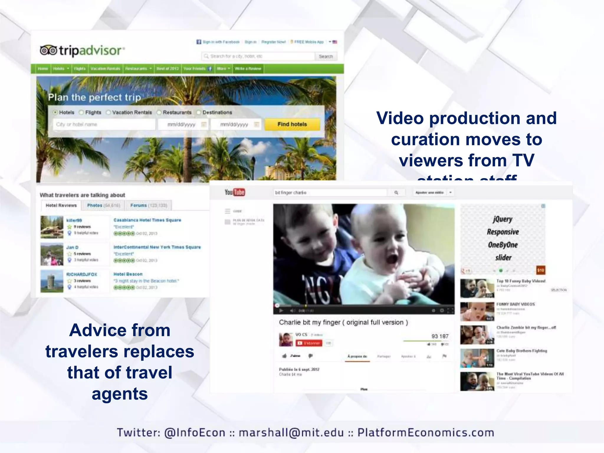 Video production and
curation moves to
viewers from TV
station staff

Advice from
travelers replaces
that of travel
agents

 