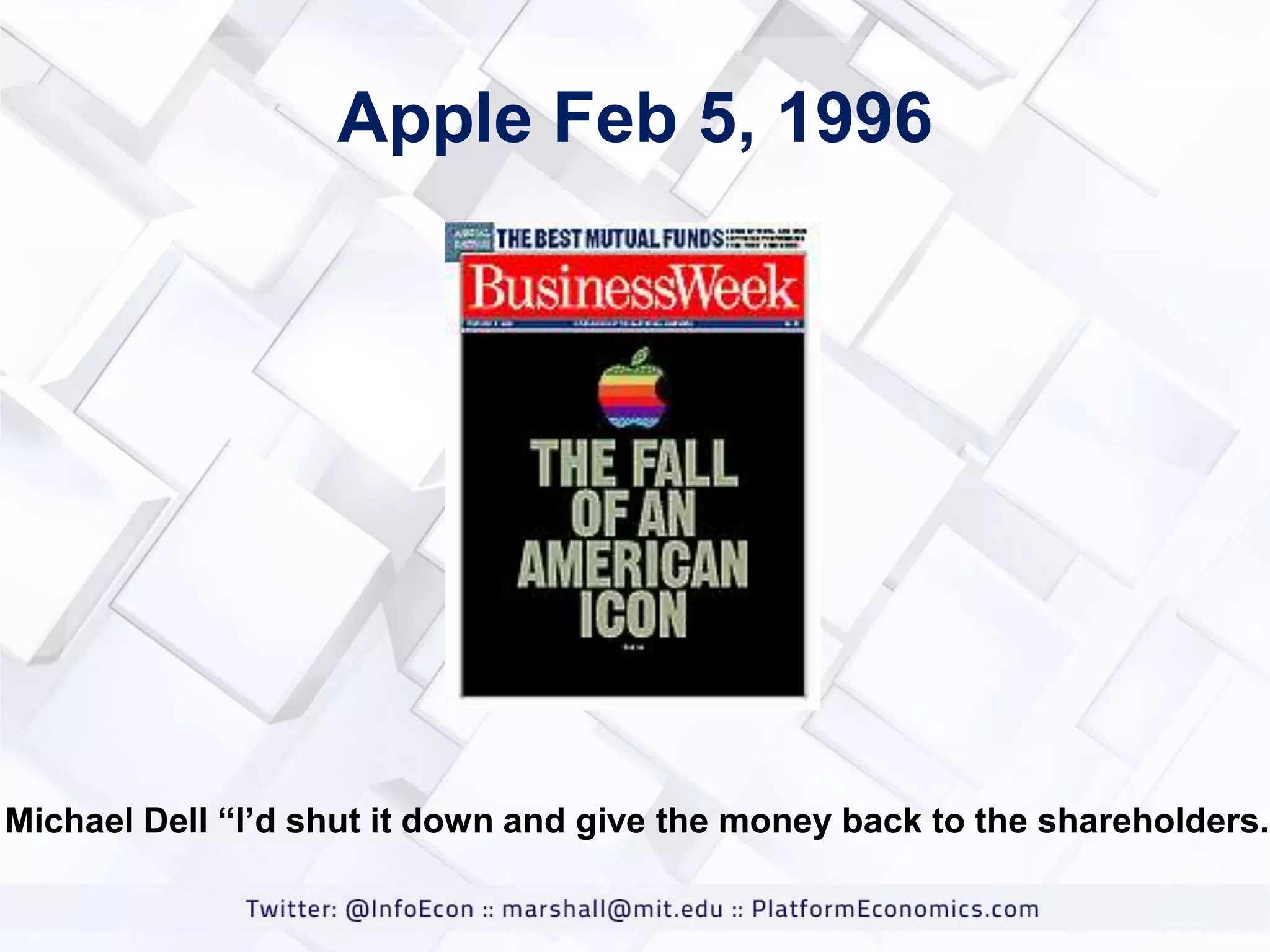 Apple Feb 5, 1996

Michael Dell “I‟d shut it down and give the money back to the shareholders.”

 