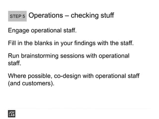 Operations – checking stuffSTEP 5
Engage operational staff.
Fill in the blanks in your findings with the staff.
Run brains...