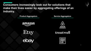 38
Consumers increasingly look out for solutions that
make their lives easier by aggregating offerings of an
industry.
Service Aggregators
Product Aggregators
 