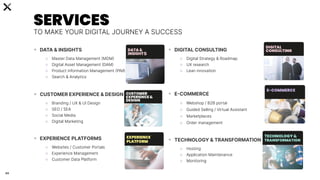 60
SERVICES
• DATA & INSIGHTS
○ Master Data Management (MDM)
○ Digital Asset Management (DAM)
○ Product information Management (PIM)
○ Search & Analytics
• CUSTOMER EXPERIENCE & DESIGN
○ Branding / UX & UI Design
○ SEO / SEA
○ Social Media
○ Digital Marketing
• EXPERIENCE PLATFORMS
○ Websites / Customer Portals
○ Experience Management
○ Customer Data Platform
TO MAKE YOUR DIGITAL JOURNEY A SUCCESS
• DIGITAL CONSULTING
○ Digital Strategy & Roadmap
○ UX research
○ Lean innovation
• E-COMMERCE
○ Webshop / B2B portal
○ Guided Selling / Virtual Assistant
○ Marketplaces
○ Order management
• TECHNOLOGY & TRANSFORMATION
○ Hosting
○ Application Maintenance
○ Monitoring
s
 