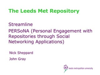 The Leeds Met Repository Streamline PERSoNA (Personal Engagement with Repositories through Social Networking Applications) Nick Sheppard John Gray 