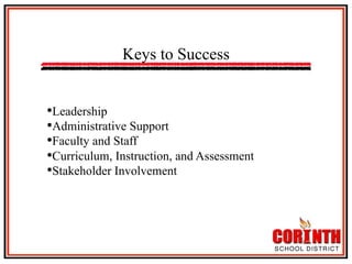 Keys to Success
• Leadership
• Administrative Support
• Faculty and Staff
• Curriculum, Instruction, and Assessment
• Stakeholder Involvement

 