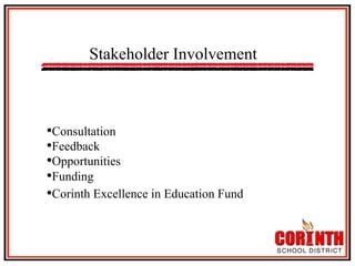 Stakeholder Involvement

• Consultation
• Feedback
• Opportunities
• Funding
• Corinth Excellence in Education Fund

 