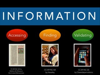 I N F O R M AT I O N
Accessing Finding Validating
CC-BY-NC-SA by
Walters Art Museum
Illuminated Manuscripts
CC-BY-NC-SA
by Haaaley
CC-BY-NC-SA
by Clasesdeperiodismo
 