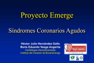 Proyecto Emerge
Síndromes Coronarios Agudos
Héctor Julio Hernández Gallo
Boris Eduardo Vesga Angarita
Cardiólogos Hemodinamistas
Instituto del Corazón de Bucaramanga
 