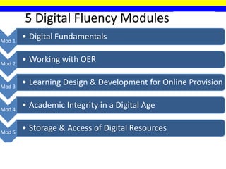 5 Digital Fluency Modules (+1?)
Mod 1
• Digital Fundamentals
Mod 2
• Working with OER
Mod 3
• Learning Design & Development for Online Provision
Mod 4
• Academic Integrity in a Digital Age
Mod 5
• Storage & Access of Digital Resources
Mod 6?
• Facilitating Online Learning (Saide existing OER)
 