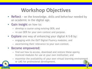 Workshop Objectives
• Reflect - on the knowledge, skills and behaviour needed by
an academic in the digital age.
• Gain insight on how to:
– develop a course using existing OER; and
– re-use OER for your own context and purpose.
• Explore one way of enhancing your digital K-S-B by:
– engaging with the OUT Digital Fluency modules; and
– ascertaining their relevance to your own context.
• Become empowered:
– find out how to access, download and restore these openly
licenced modules for use at your own institution; and
– maximise the availability of your own virtual learning environment
or LMS for professional development.
 