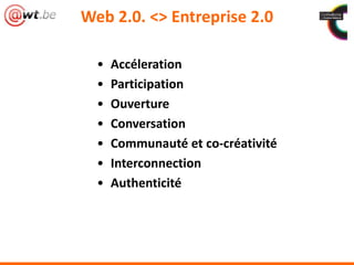 Web 2.0. <> Entreprise 2.0
• Accéleration
• Participation
• Ouverture
• Conversation
• Communauté et co-créativité
• Interconnection
• Authenticité
 