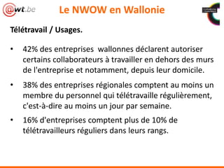 Le NWOW en Wallonie
Télétravail / Usages.
• 42% des entreprises wallonnes déclarent autoriser
certains collaborateurs à travailler en dehors des murs
de l'entreprise et notamment, depuis leur domicile.
• 38% des entreprises régionales comptent au moins un
membre du personnel qui télétravaille régulièrement,
c'est-à-dire au moins un jour par semaine.
• 16% d'entreprises comptent plus de 10% de
télétravailleurs réguliers dans leurs rangs.
 