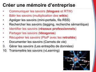 Communiquer les savoirs ( blogues  et RTW) Bâtir les savoirs (multiplication des  wikis ) Agréger les savoirs (mini-portails, fils RSS) Rechercher les savoirs (tagging, recherche sémantique) Identifier les savoirs ( réseaux professionnels ) Partager les savoirs ( Ideagoras ) Récupérer les savoirs (PtoP avec les  retraités ) Documenter les savoirs (Carnets de vie) 9.  Gérer les savoirs (Les entrepôts de données) 10. Transmettre les savoirs (vLearning) Créer une mémoire d’entreprise 