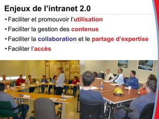 Faciliter et promouvoir l’ utilisation Faciliter la gestion des  contenus Faciliter la  collaboration  et le  partage d’expertise Faciliter l’ accès Enjeux de l’intranet 2.0 