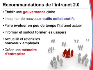 Recommandations de l’intranet 2.0 Établir une  gouvernance  claire  Implanter de nouveaux  outils collaboratifs Faire  évoluer en peu de temps  l’intranet actuel  Informer et surtout  former  les usagers Accueillir et retenir les  nouveaux employés Créer une  mémoire  d’entreprise 