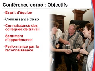 Conférence corpo : Objectifs Esprit d’équipe Connaissance de soi  Connaissance des collègues de travail Sentiment d’appartenance   Performance par la reconnaissance 