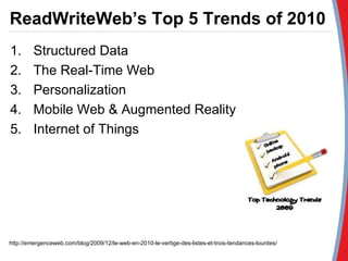 http://emergenceweb.com/blog/2009/12/le-web-en-2010-le-vertige-des-listes-et-trois-tendances-lourdes/ ReadWriteWeb’s Top 5 Trends of 2010 Structured Data The Real-Time Web Personalization Mobile Web & Augmented Reality Internet of Things 