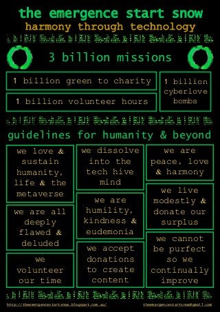 we are all
deeply
flawed &
deluded
we dissolve
into the
tech hive
mind
we are
peace, love
& harmony
we love &
sustain
humanity,
life & the
metaverse
we are
humility,
kindness &
eudemonia
we live
modestly &
donate our
surplus
we
volunteer
our time
we accept
donations
to create
content
we cannot
be purfect
so we
continually
improve
guidelines for humanity & beyond
the emergence start snow
harmony through technology
3 billion missions
1 billion green to charity
1 billion volunteer hours
1 billion
cyberlove
bombs
http://theemergencestartsnow.blogspot.com.au/ theemergencestartsnow@gmail.com
 