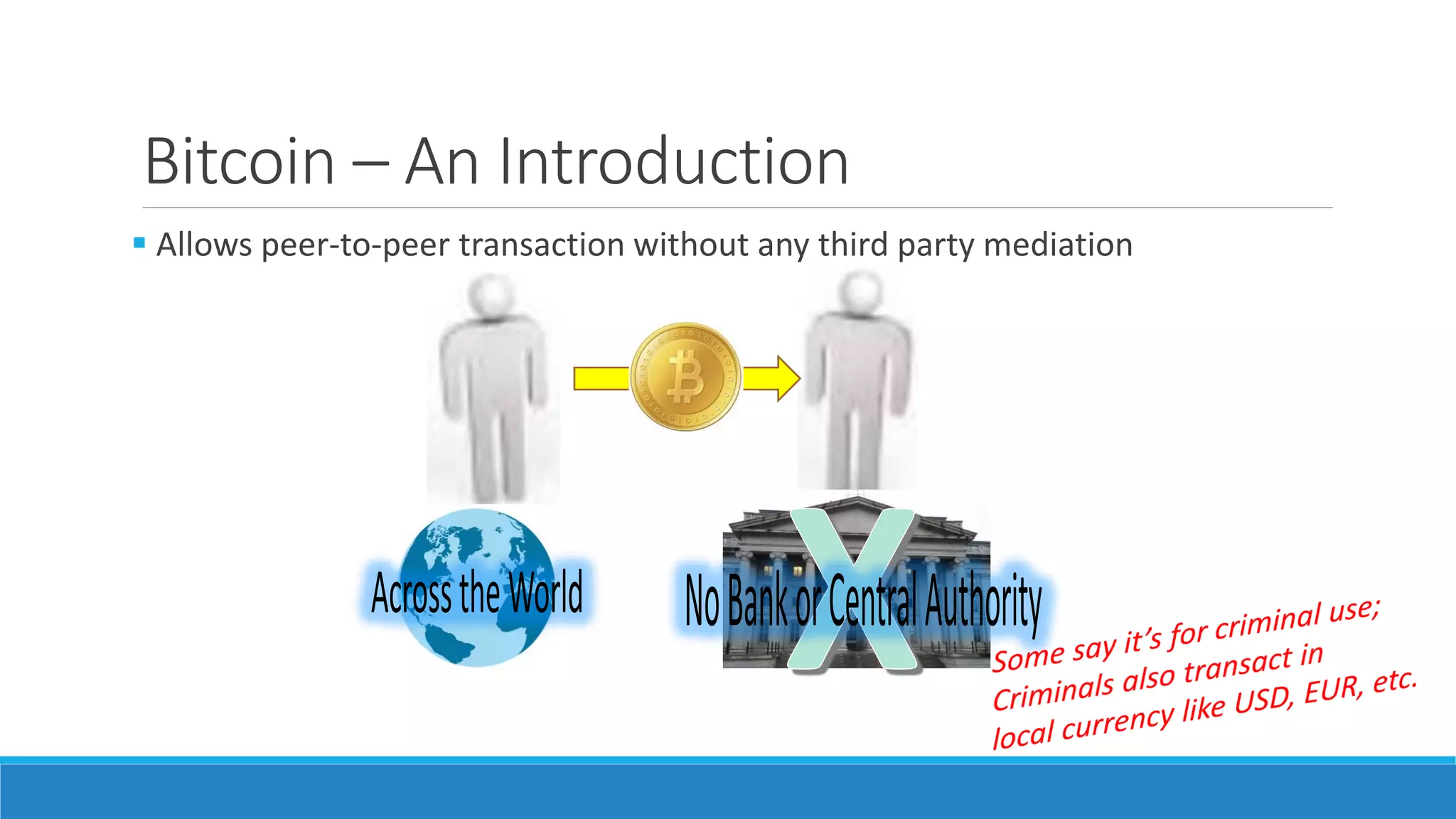 Bitcoin – An Introduction
 Allows peer-to-peer transaction without any third party mediation
 
