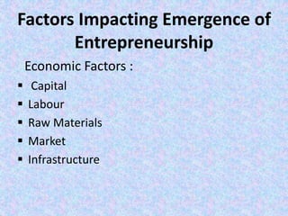 Factors Impacting Emergence of
Entrepreneurship
Economic Factors :
 Capital
 Labour
 Raw Materials
 Market
 Infrastru...