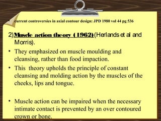 • current controversies in axial contour design: JPD 1980 vol 44 pg 536
2)Muscle action theory (1962)(Herlandset al and
Morris).
• They emphasized on muscle moulding and
cleansing, rather than food impaction.
• This theory upholds the principle of constant
cleansing and molding action by the muscles of the
cheeks, lips and tongue.
• Muscle action can be impaired when the necessary
intimate contact is prevented by an over contoured
crown or bone.
 