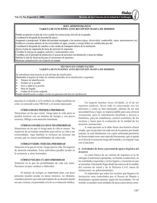 Vol. 11, No. Especial 1 2006                                     Revista de las Ciencias de la Salud de Cienfuegos




paciente es evaluado y se le confiere un código mediante un
color, es conocido como TRIAGE y el mismo representa:                   Un aspecto muchas veces olvidado, es el de los
                                                                 registros médicos; llevar todo lo relacionado con los
      CÓDIGO ROJO: PRIMERA PRIORIDAD                             pacientes y cómo se han manejado, además de ser una
Situaciones en las que existe riesgo para la vida, pero se       necesidad ética y legal, es imprescindible para una correcta
pueden resolver con un mínimo de tiempo y con pocos              evacuación, para la información detallada y precisa a
recursos. Obliga a una atención inmediata.                       familiares, para las estadísticas, control económico de los
                                                                 recursos y hasta para la evaluación de la calidad de los
      CÓDIGO AMARILLO: SEGUNDAPRIORIDAD                          procesos asistenciales.
Situaciones en las que el riesgo para la vida es menor. No              A cada paciente se le debe llenar una historia clínica
requieren de un manejo inmediato para salvar su vida o sus       simple, que recoja datos de cada uno de los puntos por donde
extremidades. Aquí también se incluyen las lesiones tan          transita, la cual idealmente con copia carbonada permitiría
severas que no tienen posibilidades de sobrevida.                de forma simple tener una copia del documento, que se queda
                                                                 en el área de evacuación luego del traslado y la original viaja
       CÓDIGO VERDE: TERCERA PRIORIDAD                           con el paciente.
Situación en la que no existe riesgo para la vida. No requiere
                                                                 6. Actividades de áreas y personal de apoyo (logística del
de atención inmediata. Estos individuos pueden ayudar en
                                                                 desastre)
la asistencia a otros lesionados.
                                                                        La tarea básica de un sistema de logística es la de
                                                                 entregar el suministro apropiado, en buenas condiciones, en
      CÓDIGO NEGRO: CUARTAPRIORIDAD                              las cantidades requeridas y en los lugares y momento en que
Situación en la que las posibilidades de vida son nulas.         se necesitan. Esta puede llegar desde las reservas de la unidad,
Pacientes en paro cardiaco o fallecidos.                         del sistema de salud y de la Defensa Civil, hasta de
                                                                 instituciones no gubernamentales.
      El manejo de testigos es importante pues con poco                 Es importante que todos los recursos que lleguen a la
personal, pueden ayudar en tareas menores; no obstante,          institución sean controlados por el Puesto de Mando y
considere primero que todo participante de un desastre puede     distribuidos equitativamente según las necesidades. En tal
ser una víctima y la prioridad es la de su evaluación médica.    sentido, se pueden crear unidades de apoyo para tareas como:


                                                                                                                            147
 