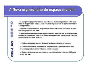 A sua participação no total de exportações mundiais passa de 1992 para
2003 de 16 para 35% e de 27 para 44% nas importações de bens intermédios
e componentes.
  Tornam-se exportadores de produtos manufacturados passando de 20%
em 1980 para 70% em 2000.
  Transformam-se em actores importantes do mercado em muitos sectores
dinâmicos, sobretudo devido ao papel desempenhado pelos países da Ásia
Oriental e do Sudeste Asiático.


   Estão muito dependentes da exportação de produtos primários.

   Estão excluídos do processo de segmentação e deslocalização dos
 processos produtivos na indústria e nos serviços.

   O peso destes países no comércio mundial caiu de 1,5% em 1970 para
 0,25% em 2001
 
