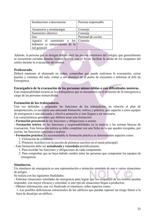 NOLY  25 
- Tratamiento del agua. 
Artículos básicos para una situación de emergencia. 
Alimentos no perecederos para tres días. 
- Agua para tres días (cuatro litros de agua por persona). Se puede sobrevivir con bastante menos. 
- Radio o televisor portátil y pilas o baterías de repuesto. 
- Linterna y pilas de repuesto. 
- Botiquín y manual de primeros auxilios. 
- Artículos sanitarios y de higiene personal (toallitas o loción antiséptica para las manos, toallitas 
húmedas y papel higiénico). 
- Cerillas dentro de un envase impermeable, silbato. 
- Cambio de ropa y mantas. 
- Artículos de cocina y utensilios para cocinar: abrelatas manual, juegos de platos y cubiertos o 
vasos, platos y utensilios desechables, cuchillo multiuso, sal y azúcar, papel de aluminio y plástico 
para envolver comida. 
- Artículos para atender necesidades especiales como medicamentos recetados, anteojos o lentes de 
contacto, líquido para lentes de contacto y baterías para aparatos de audición. Artículos para bebés, 
tales como leche artificial, pañales, biberones o chupetes. 
 
