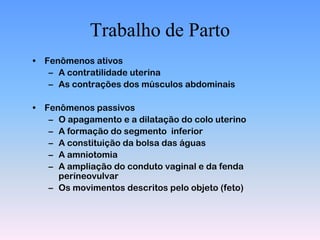 Trabalho de Parto
• Fenômenos ativos
   – A contratilidade uterina
   – As contrações dos músculos abdominais

• Fenômenos passivos
   – O apagamento e a dilatação do colo uterino
   – A formação do segmento inferior
   – A constituição da bolsa das águas
   – A amniotomia
   – A ampliação do conduto vaginal e da fenda
     períneovulvar
   – Os movimentos descritos pelo objeto (feto)
 