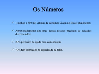 Os Números

 1 milhão e 800 mil vítimas de derrames vivem no Brasil atualmente;

 Aproximadamente um terço dessas pessoas precisam de cuidados
  diferenciados;

 20% precisam de ajuda para caminharem;

 70% têm alterações na capacidade de falar.
 