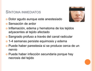 SÍNTOMA INMEDIATOS
 Dolor agudo aunque este anestesiado
 Sensación de ardor
 Inflamación, edema y hematoma de los tejidos
adyacentes al tejido afectado
 Sangrado profuso a través del canal radicular
 1-4 semanas persiste equimosis y edema
 Puede haber parestesia si se produce cerca de un
nervio
 Puede haber infección secundaria porque hay
necrosis del tejido
 