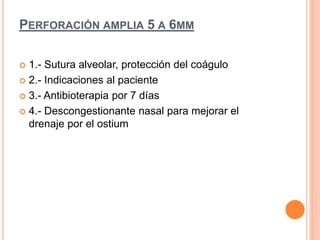 PERFORACIÓN AMPLIA 5 A 6MM
 1.- Sutura alveolar, protección del coágulo
 2.- Indicaciones al paciente
 3.- Antibioterapia por 7 días
 4.- Descongestionante nasal para mejorar el
drenaje por el ostium
 